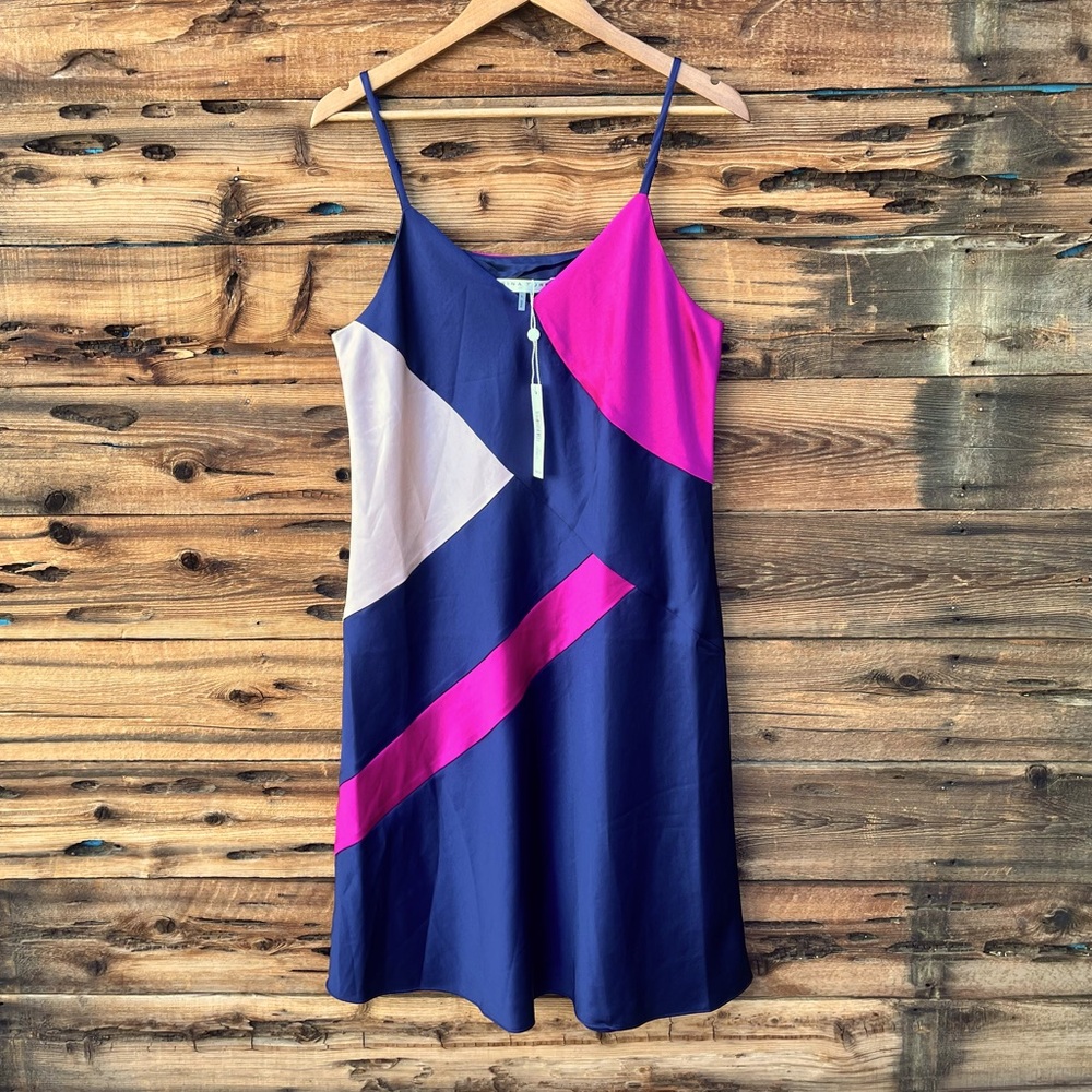 TRINA TURK | NWT Satin Pink Blue V-Neck Dress L